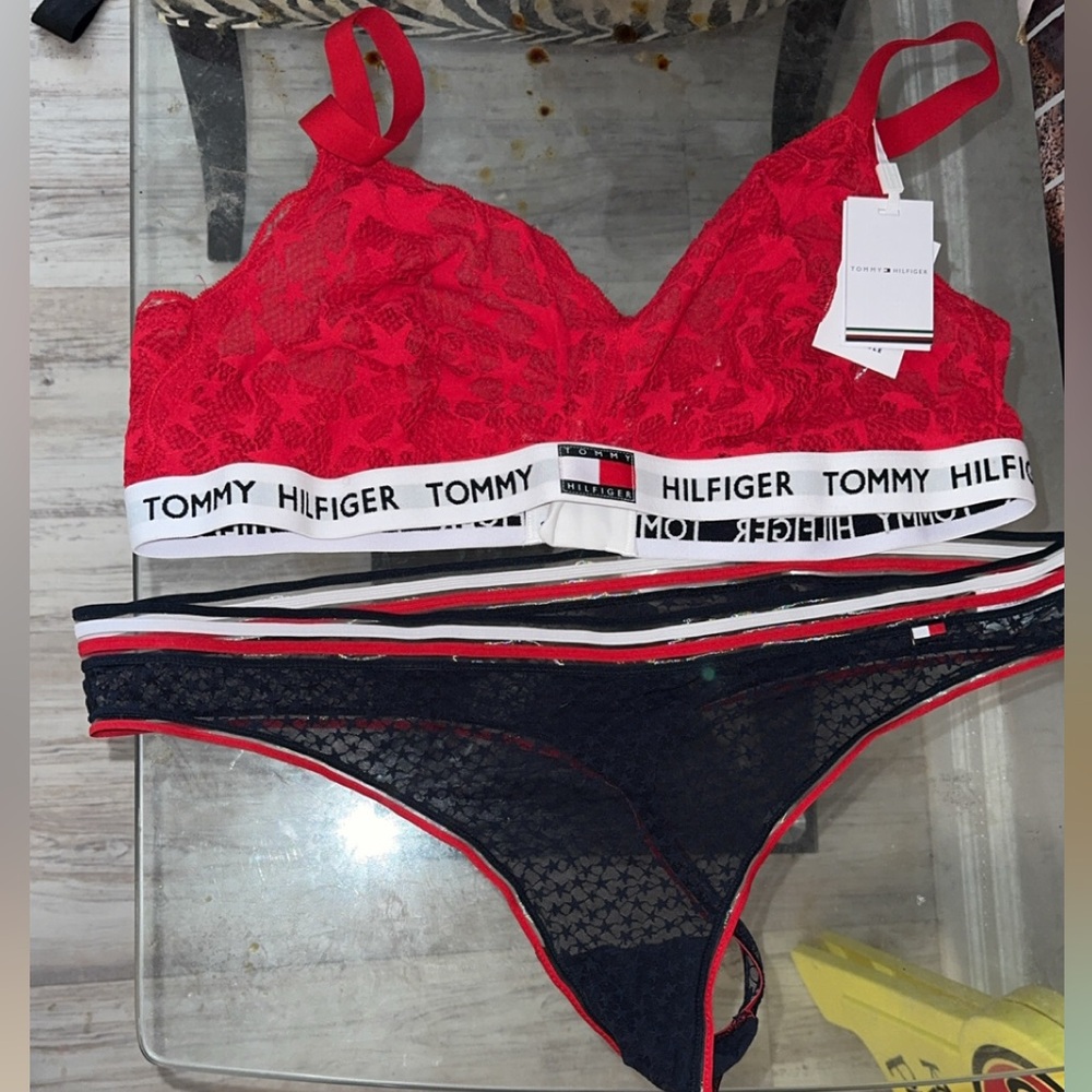 Tommy Hilfiger Red and Navy Lace Lingerie Set